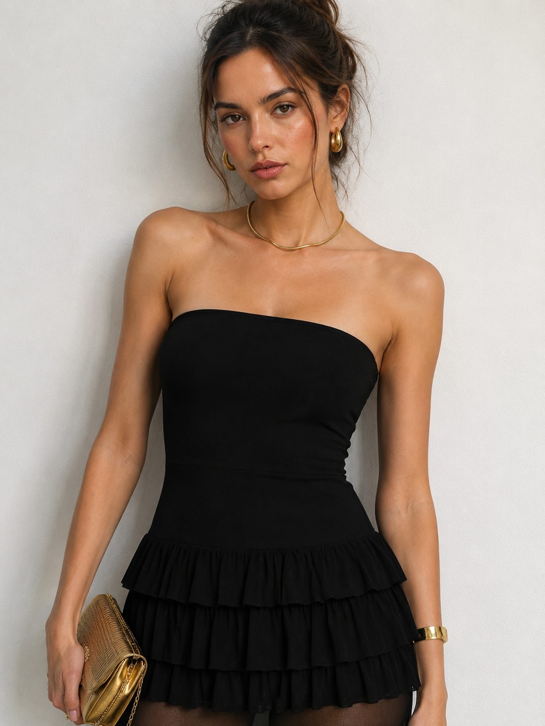 Noir Étoile Strapless Ruffle Mesh Maxi Dress
