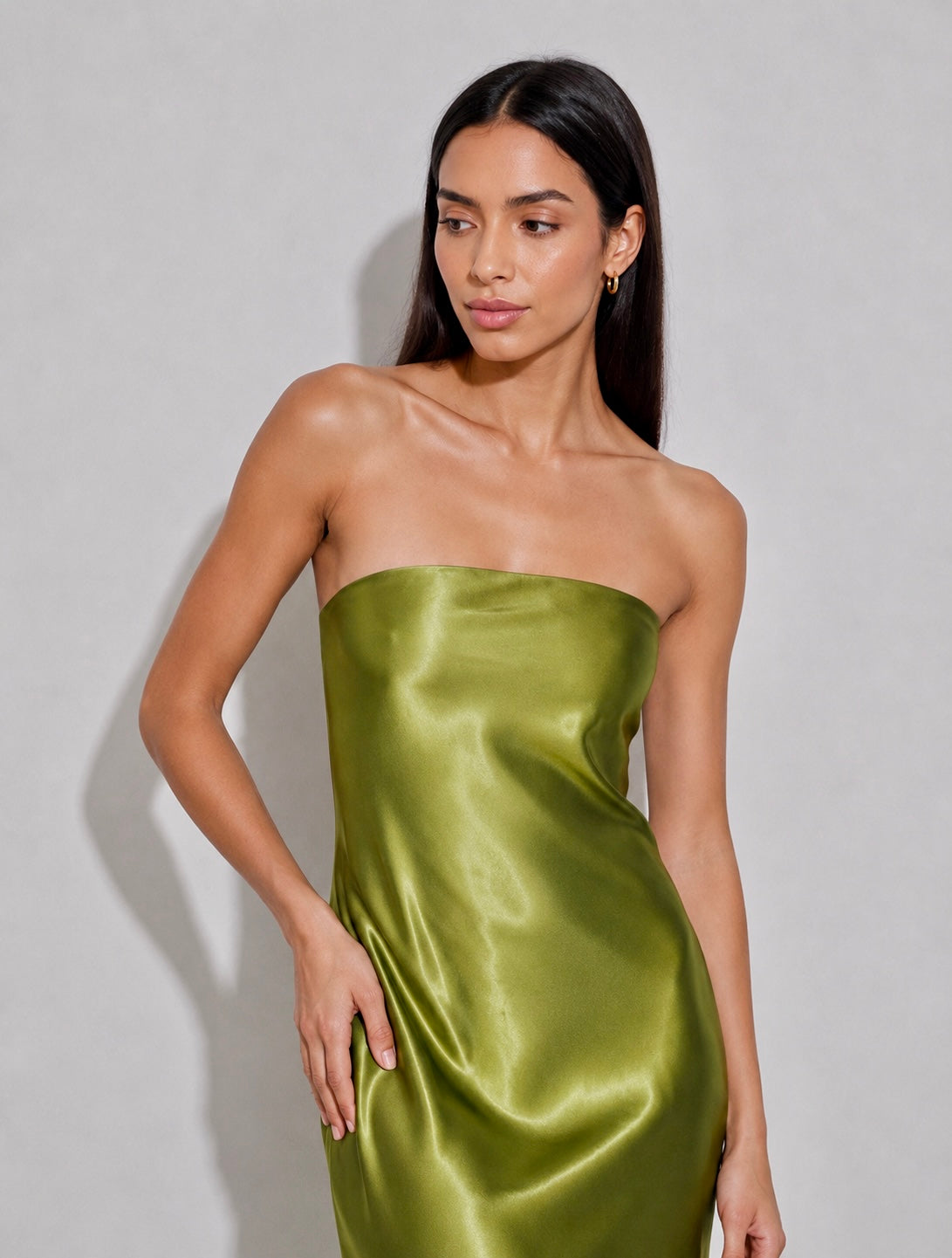 Aveline Strapless Satin Gown – Olive Green