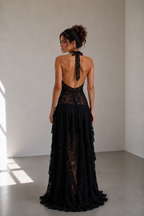 Luvea Noir Lace Halter Maxi Dress