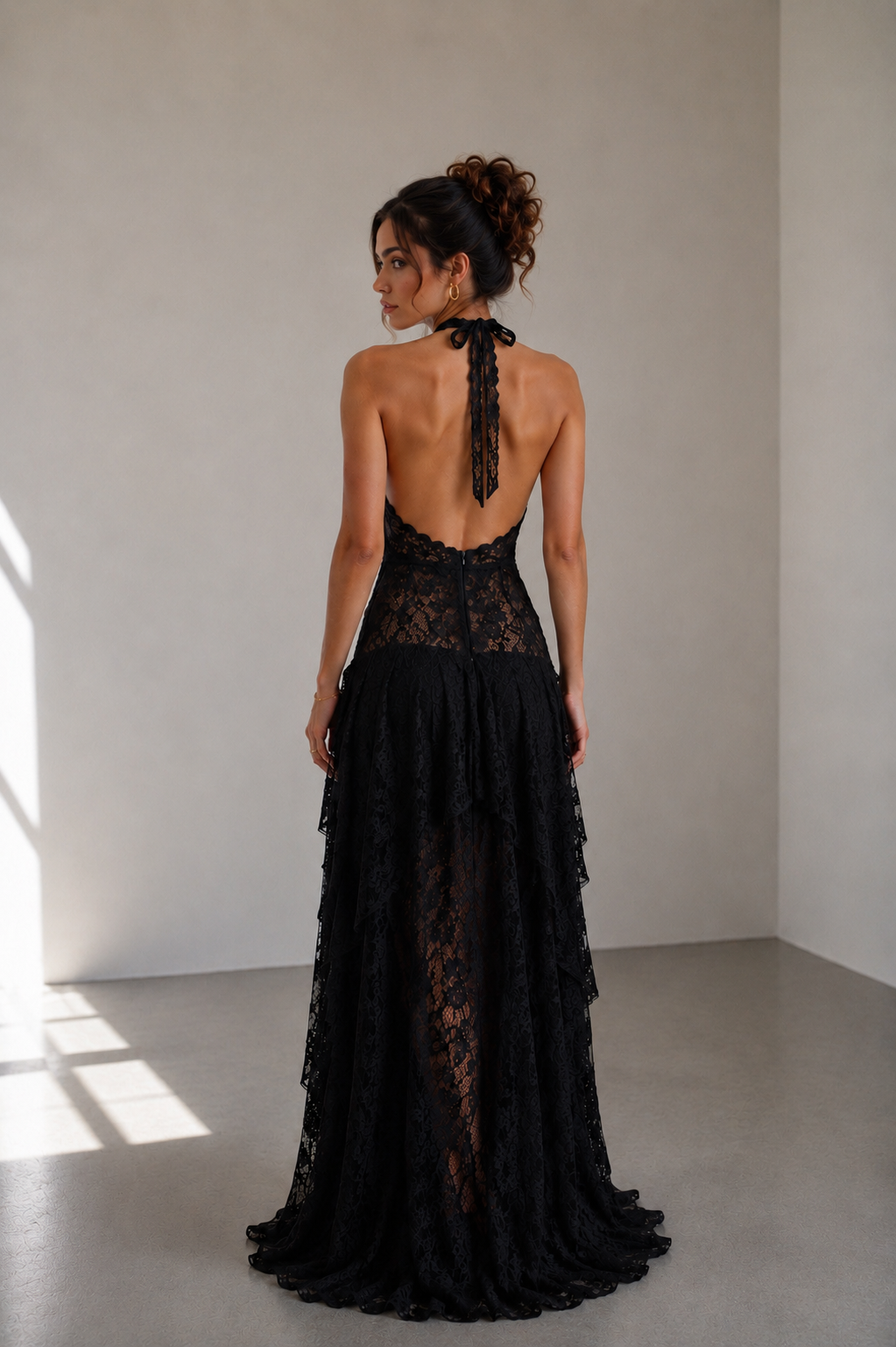Luvea Noir Lace Halter Maxi Dress