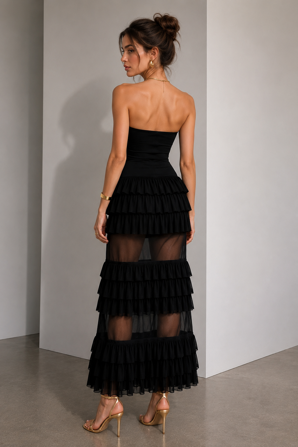 Noir Étoile Strapless Ruffle Mesh Maxi Dress