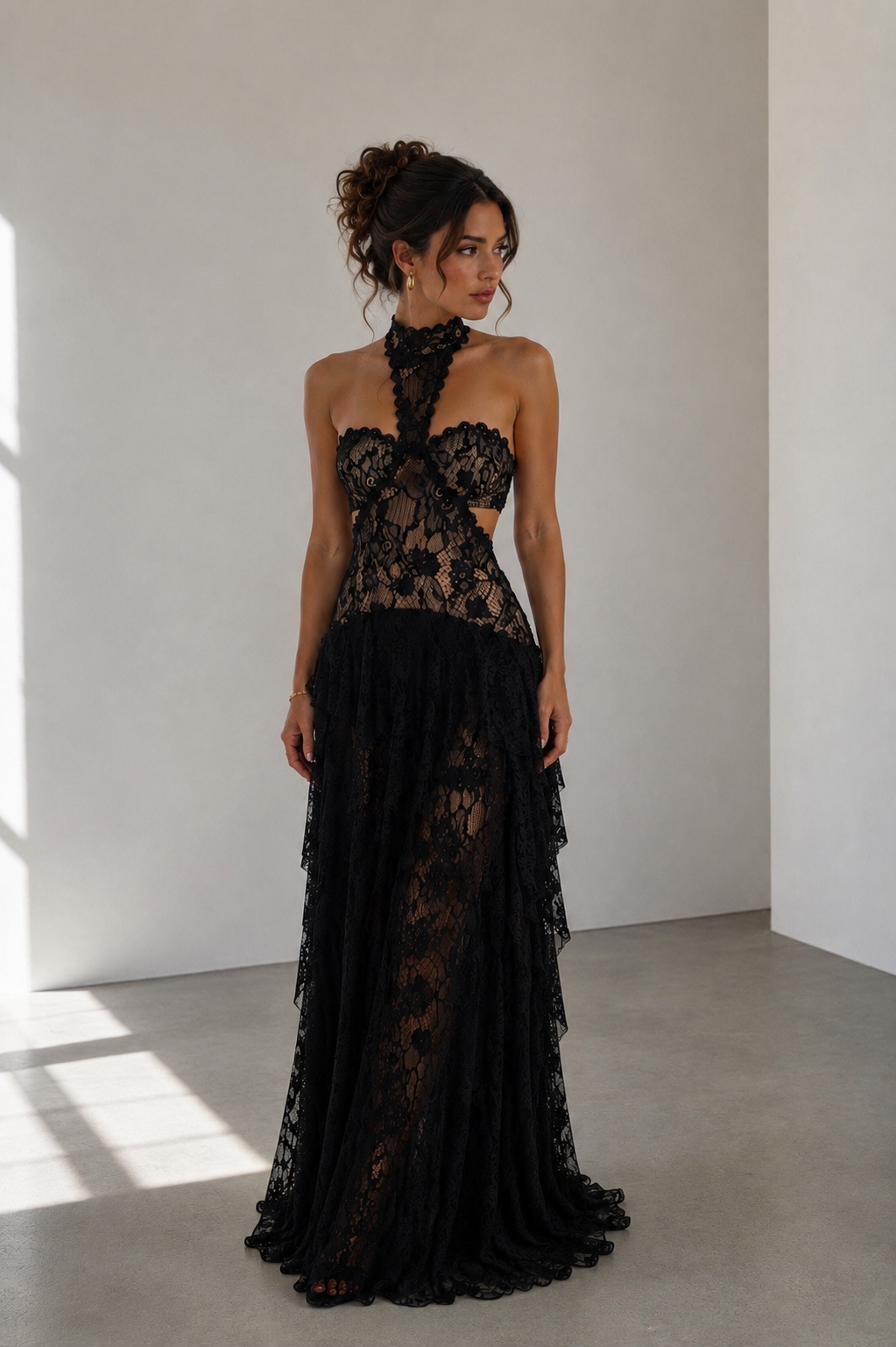 Luvea Noir Lace Halter Maxi Dress