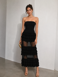 Noir Étoile Strapless Ruffle Mesh Maxi Dress