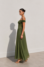 Olivia Off-Shoulder Chiffon Gown – Olive Green