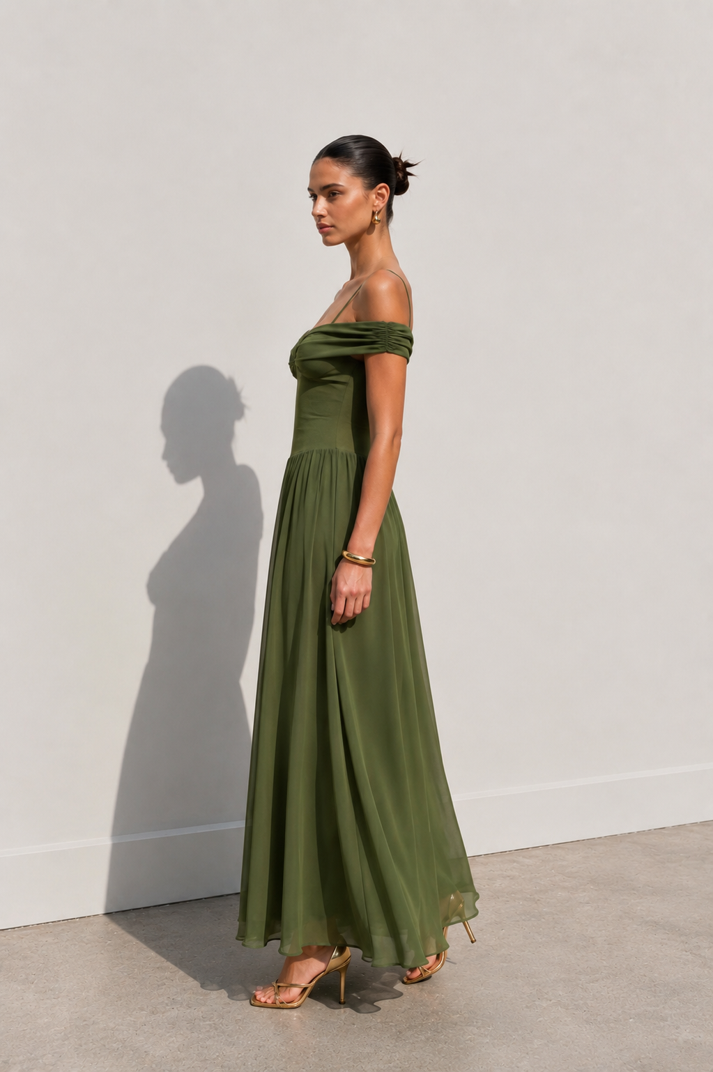 Olivia Off-Shoulder Chiffon Gown – Olive Green