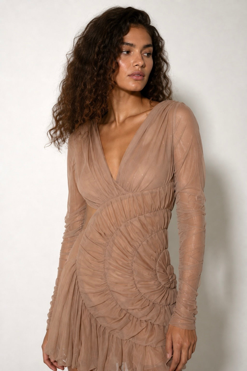 Elara Ruched Rosette Mini Dress – Champagne