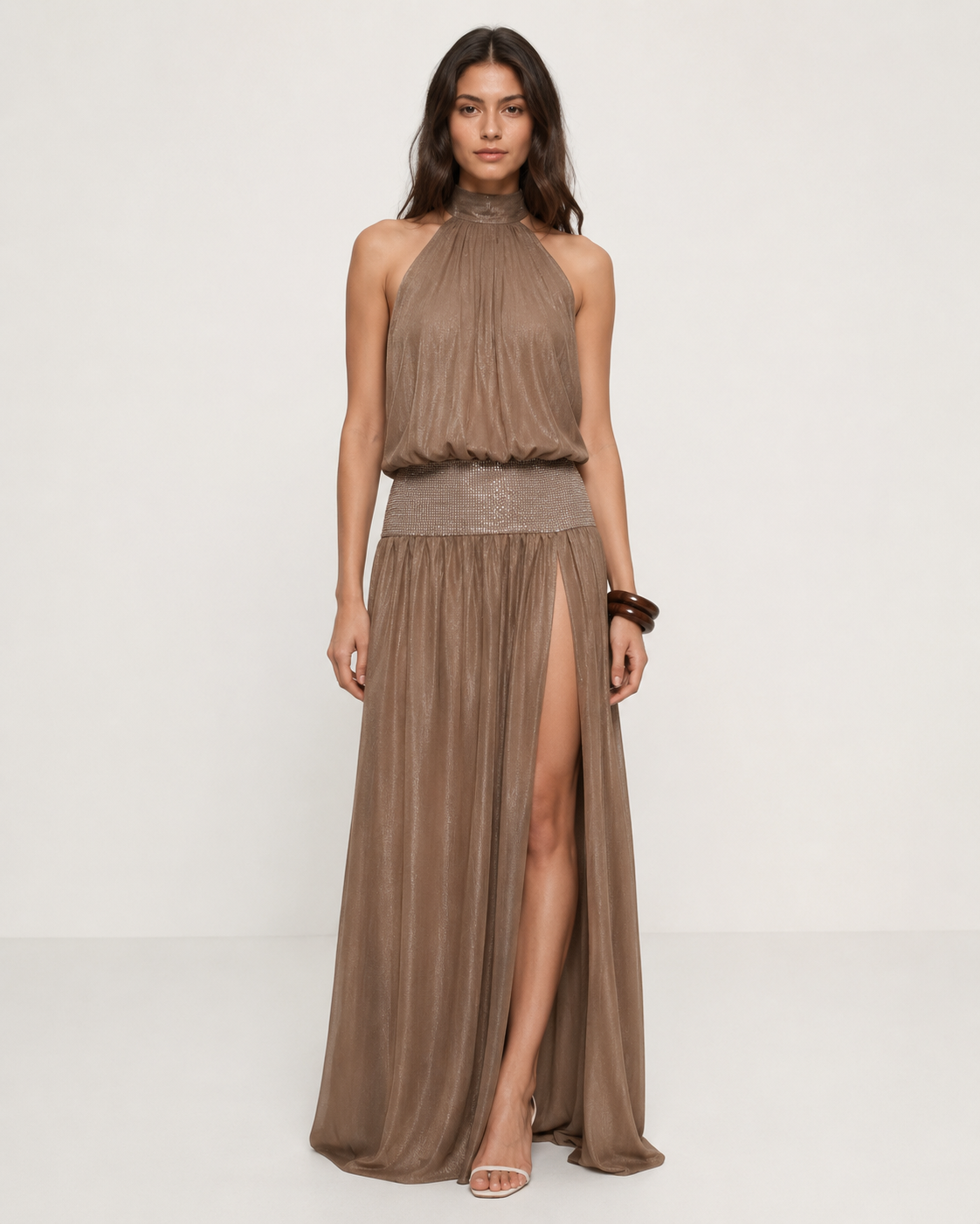 Luvéa | Elara Shimmer Halter Maxi Dress