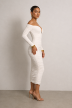 Alessia White Ruched Off-Shoulder Midi Dress