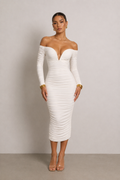 Alessia White Ruched Off-Shoulder Midi Dress