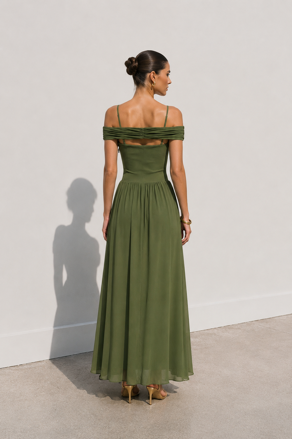 Olivia Off-Shoulder Chiffon Gown – Olive Green
