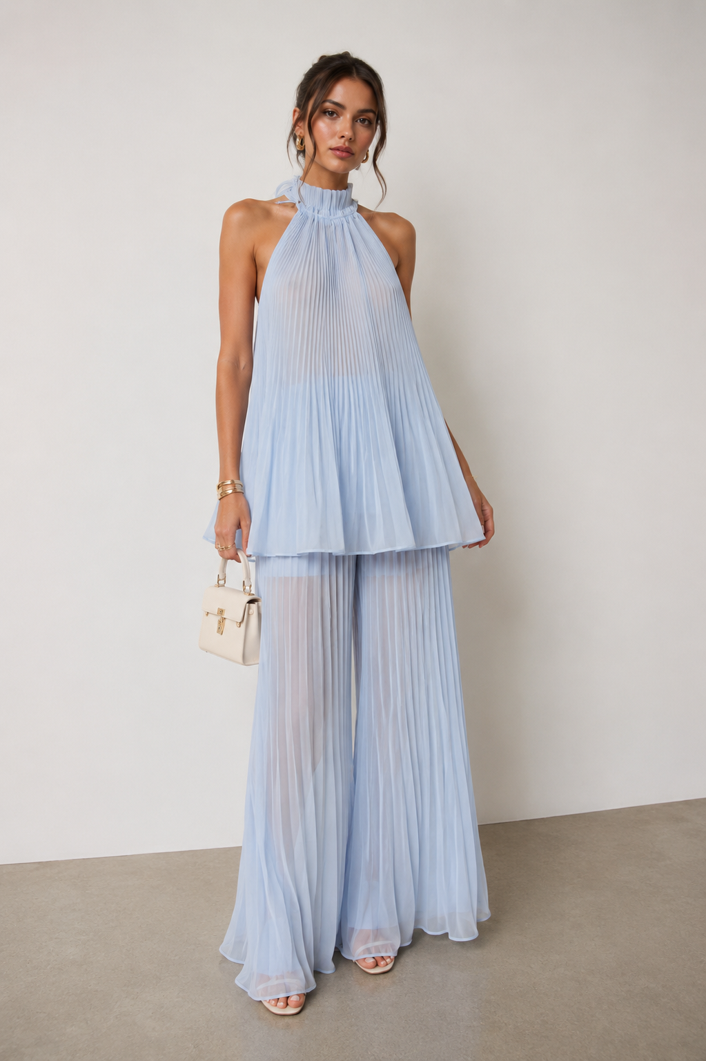 Sky Blue Pleated Halter Set