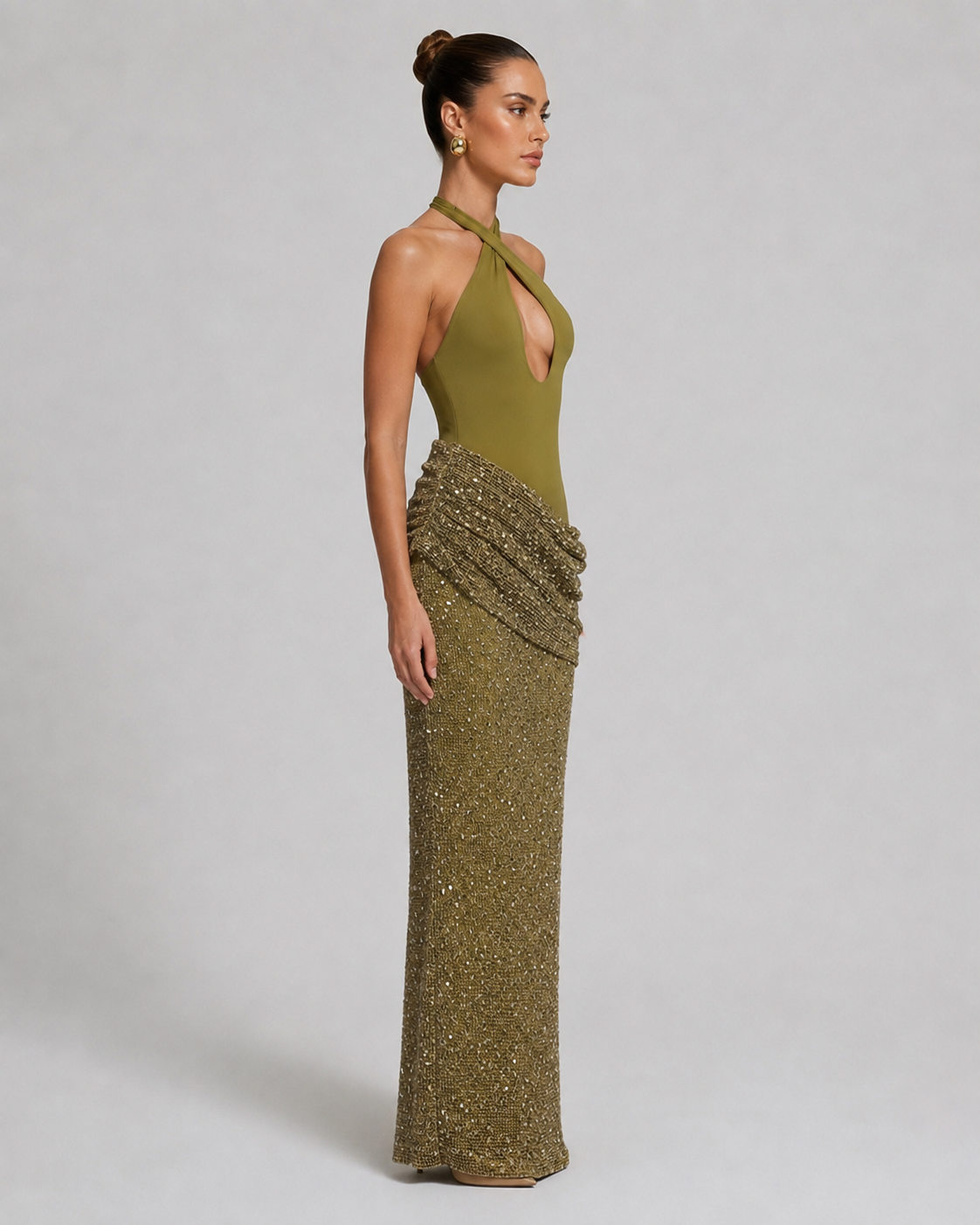 Amara Olive Sequin Halter Maxi dress