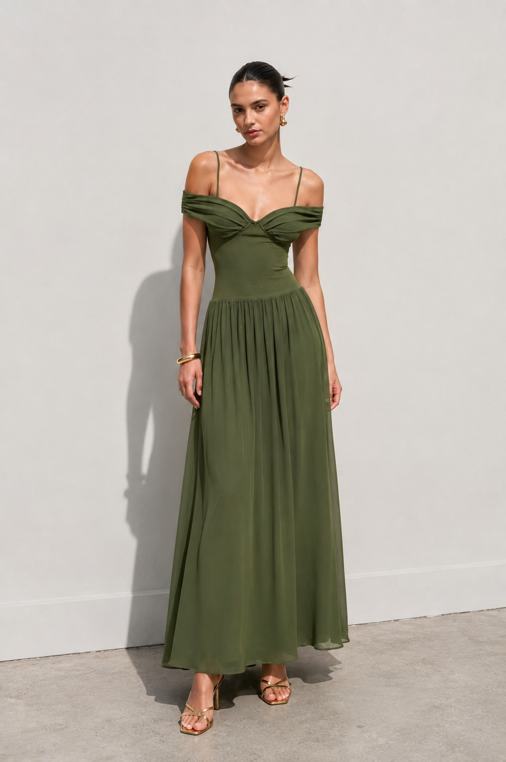 Olivia Off-Shoulder Chiffon Gown – Olive Green