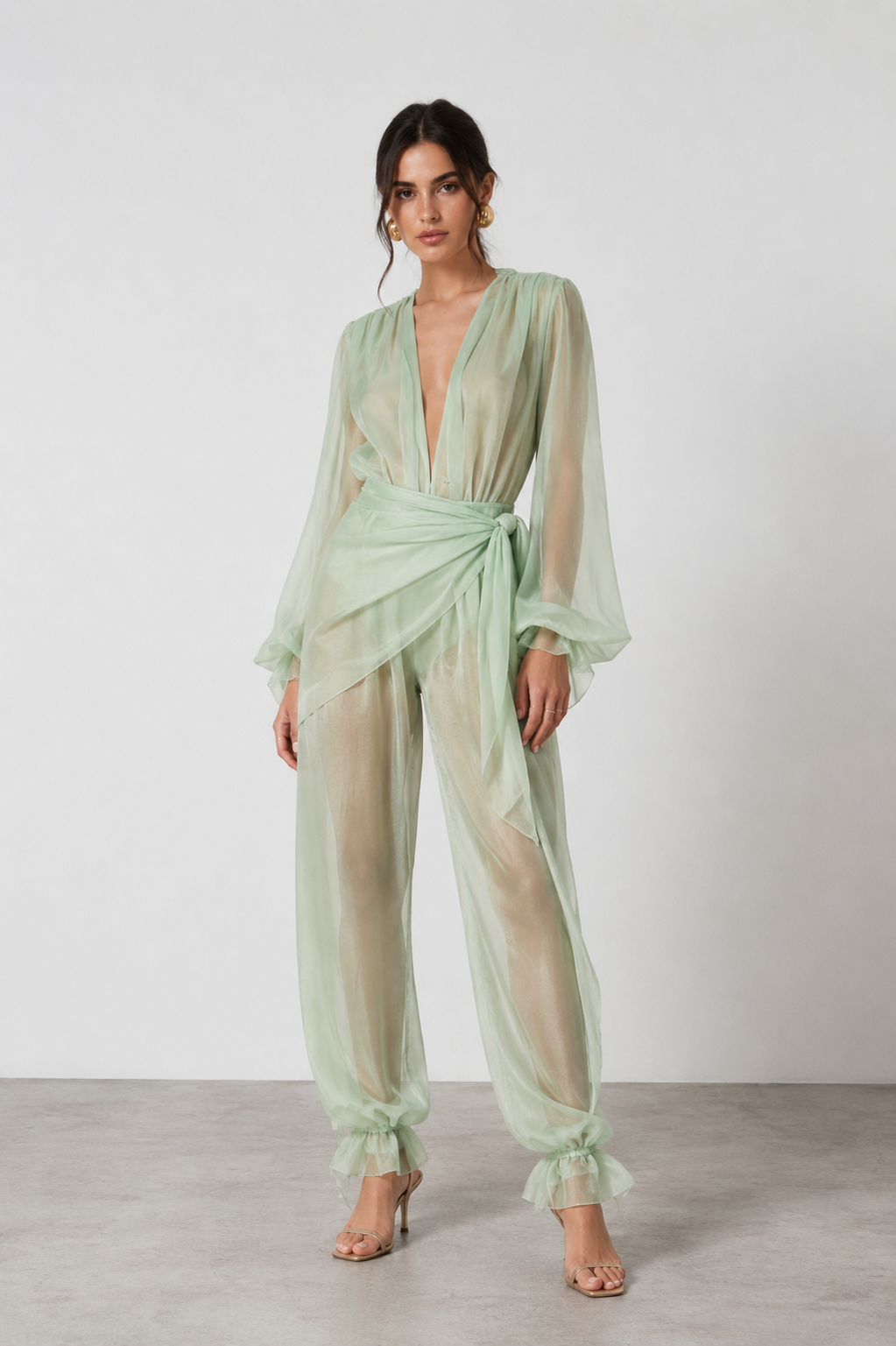 Celestine Sheer Draped Jumpsuit – Mint