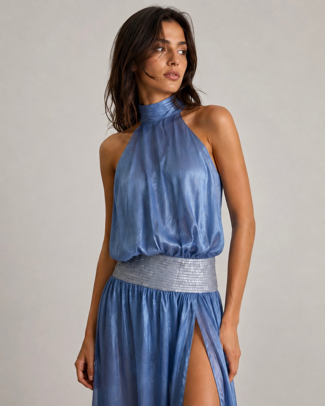 Luvéa | Elara Shimmer Halter Maxi Dress