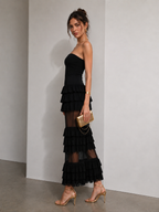 Noir Étoile Strapless Ruffle Mesh Maxi Dress