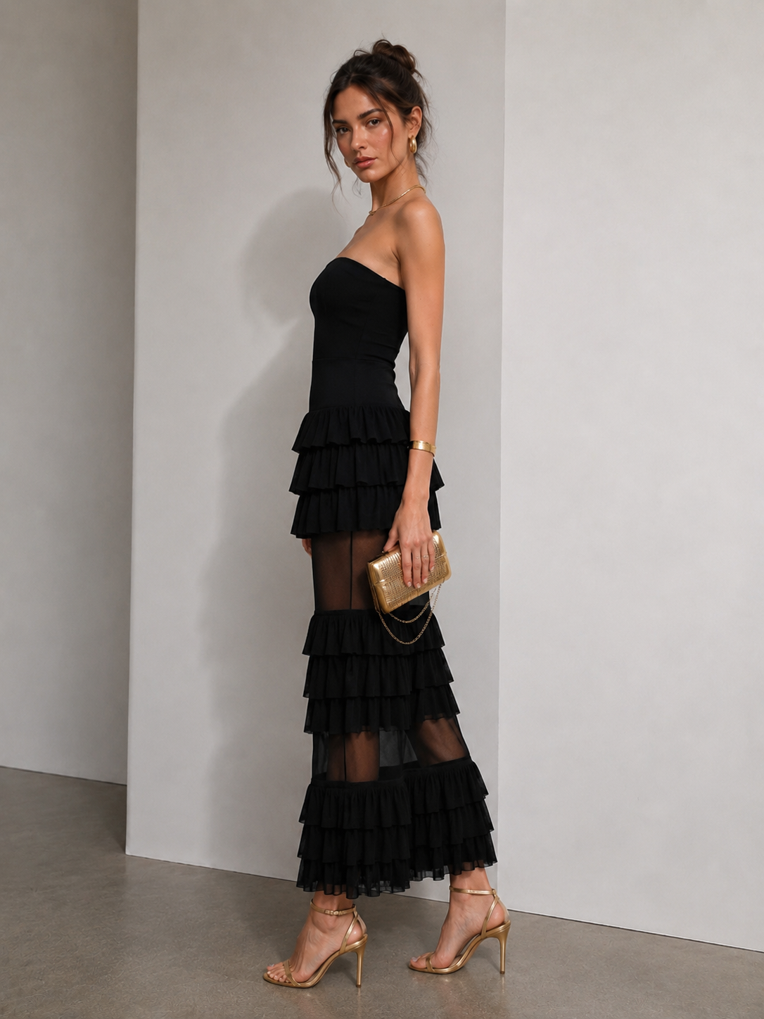 Noir Étoile Strapless Ruffle Mesh Maxi Dress