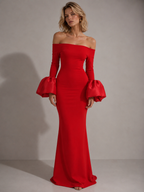 Rosalie Off-Shoulder Gown – Crimson