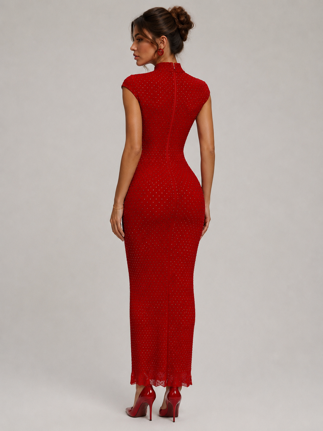 Rosette Crystal Contour Maxi Dress – Ruby Red