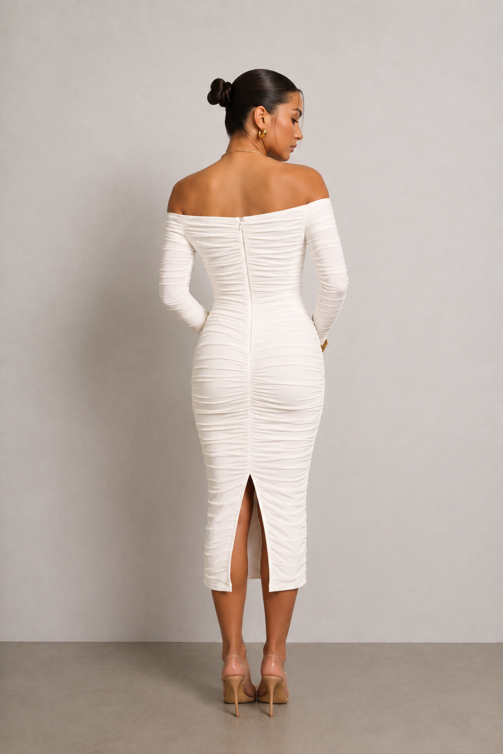Alessia White Ruched Off-Shoulder Midi Dress