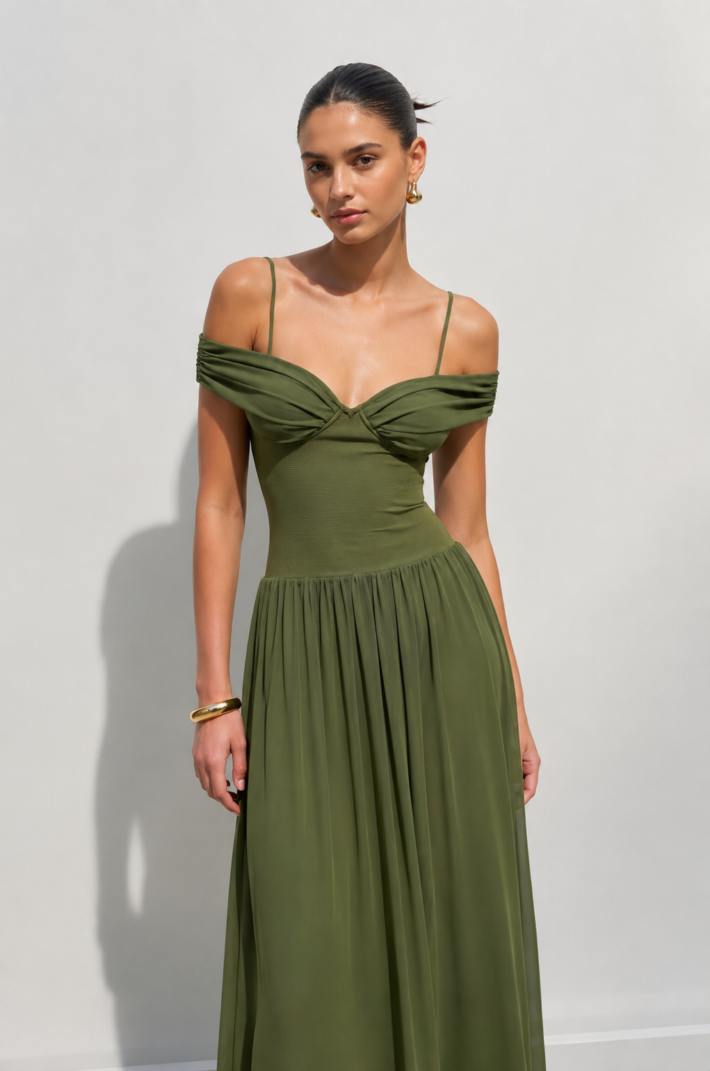 Olivia Off-Shoulder Chiffon Gown – Olive Green