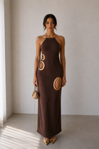 Aurelia Gold Ring Halter Maxi Dress – Chocolate Brown