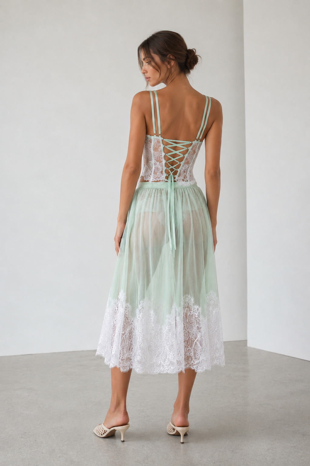 Élodie Mint Lace Corset & Chiffon Midi Skirt Set