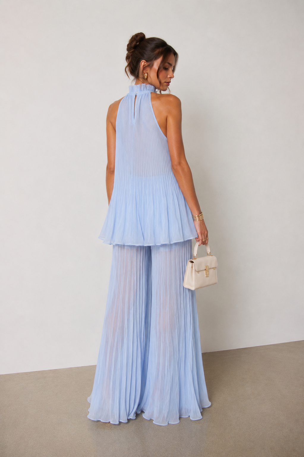 Sky Blue Pleated Halter Set