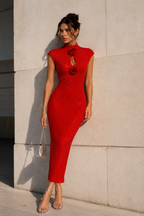 Rosette Crystal Contour Maxi Dress – Ruby Red
