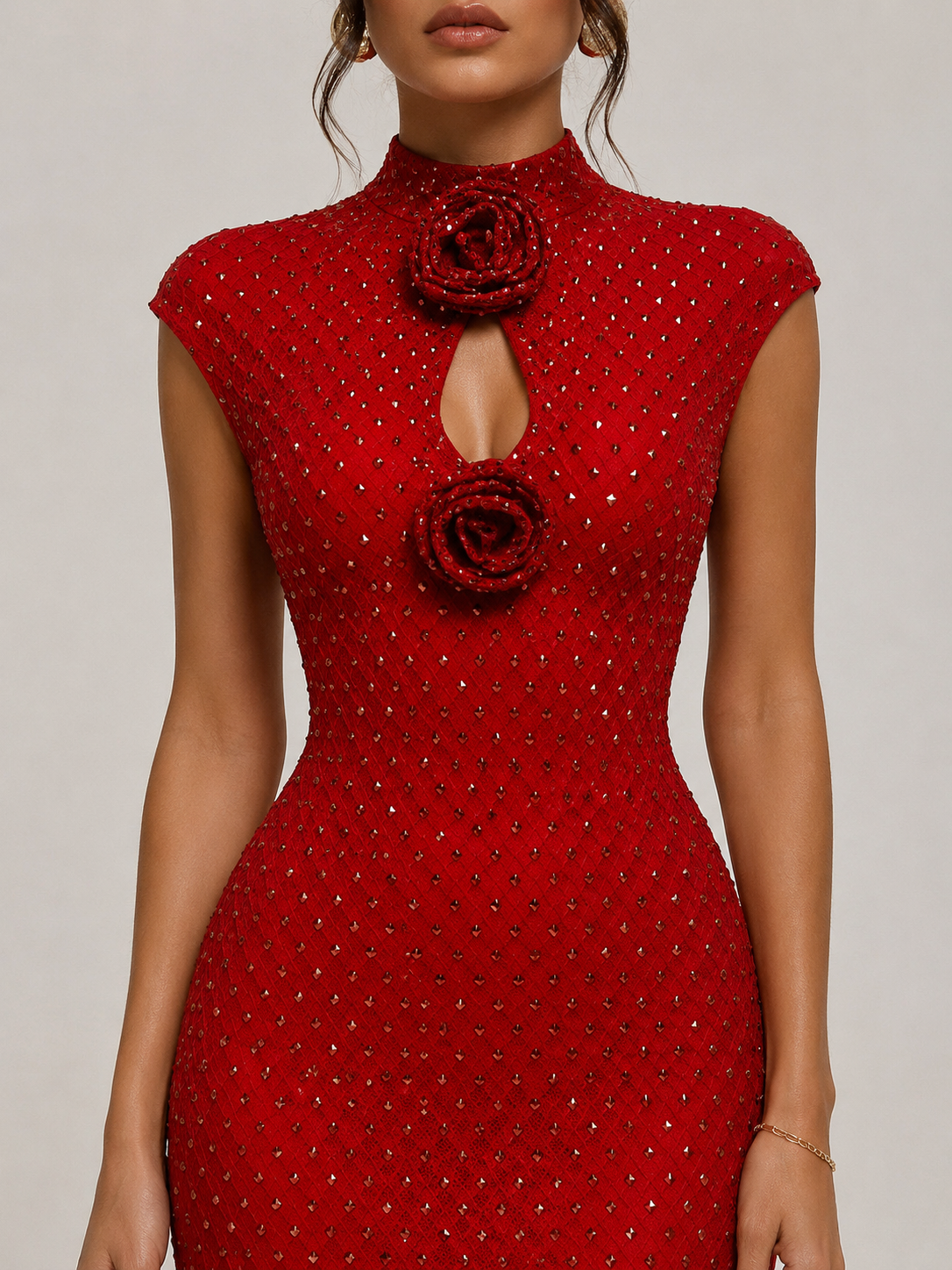 Rosette Crystal Contour Maxi Dress – Ruby Red