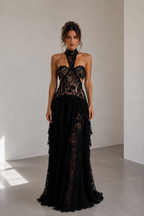 Luvea Noir Lace Halter Maxi Dress