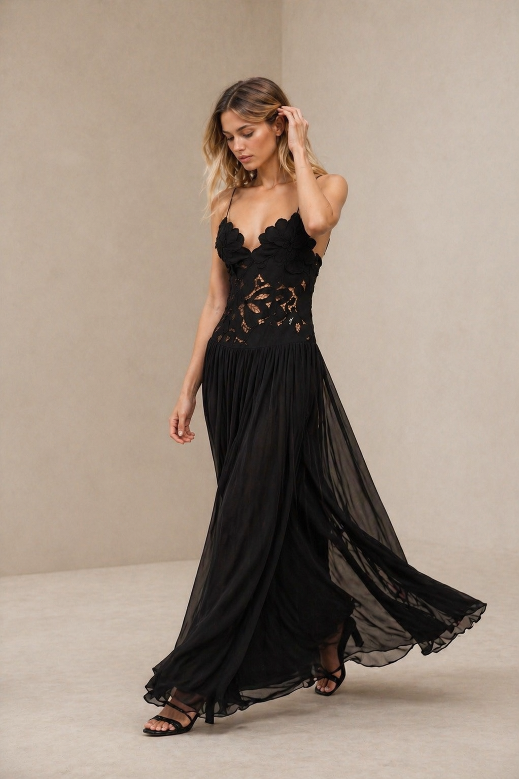 Noir Blossom Lace Evening Dress
