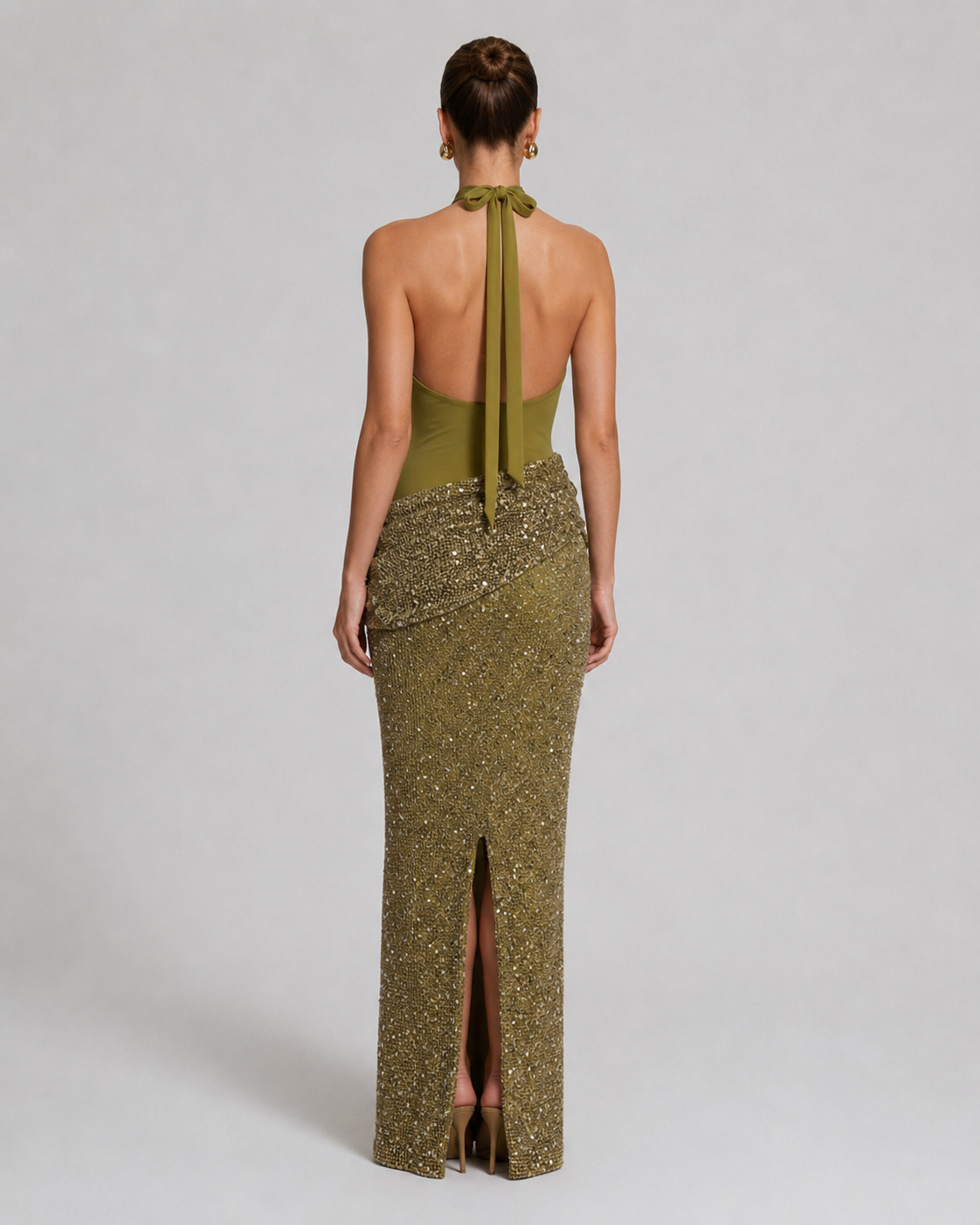 Amara Olive Sequin Halter Maxi dress