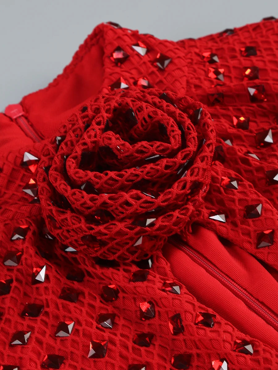 Rosette Crystal Contour Maxi Dress – Ruby Red